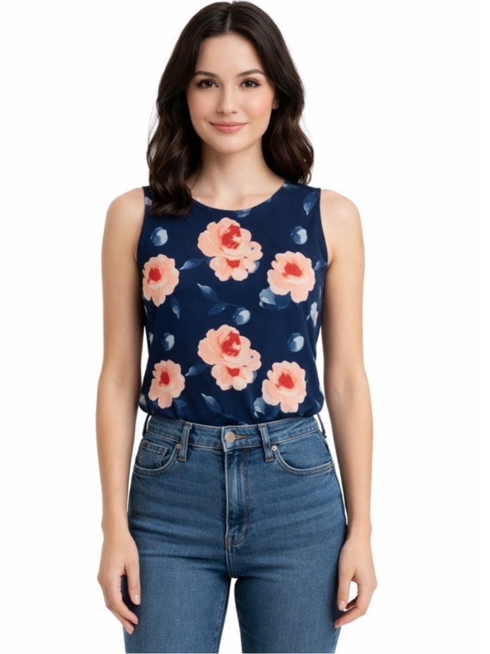 NWOT Dalia Coral Floral Sleeveless Top with Pink Blooms